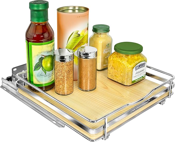 LYNK PROFESSIONAL® Élite™ Pull Out Spice Organization for Cabinets - 10-3/8 inch Wide – Spice Rack for Inside Cabinets – Wood/Chrome - Sliding Spice Rack Organizer for cabinet – Spice Rack - 1 Tier