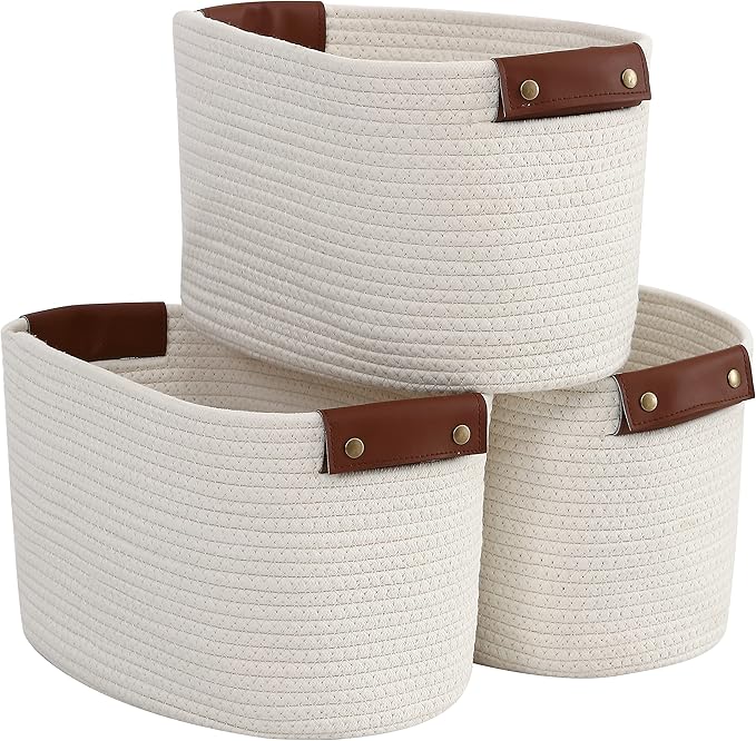 3 Pack Cotton Rope Storage Basket Woven Shelf Storage Bin with Faux Leather Handles, Decorative Closet Shelf Woven Basket for Storage Organizers, 15 x 10 x 9, Cream