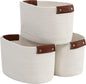 3 Pack Cotton Rope Storage Basket Woven Shelf Storage Bin with Faux Leather Handles, Decorative Closet Shelf Woven Basket for Storage Organizers, 15 x 10 x 9, Cream