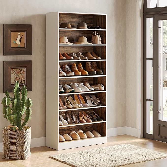 LITTLE TREE 9-Tier Shoe Cabinet, 32 Pairs Wooden Shoes Cabinet with Adjustable Shelves, 70.9" Tall Shoe Cabinet, Freestanding Modern Shoe Rack Organizer For Living Room Bedroom Entryway, Brown & White