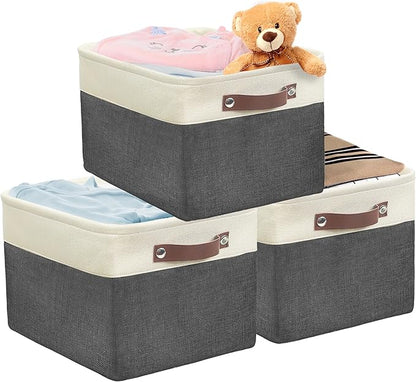 Simple Houseware 15" x 11" Large Fabric Storage Bin for Closet and Shelves, Leather Like Handles, 3 Pack, Dark Gray