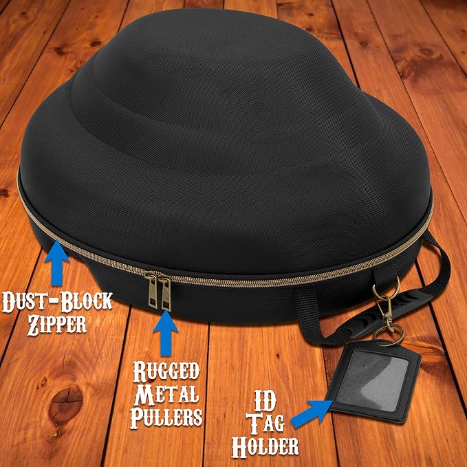CASEMATIX Cowboy Hat Box and Portable Storage for Brims Up To 4.75'' - Hard Shell Case with Adjustable Carry Strap, Luggage ID Slot Foam Insert Dipping Brim Hats, Black, 18'' x 16'' x 8.3''