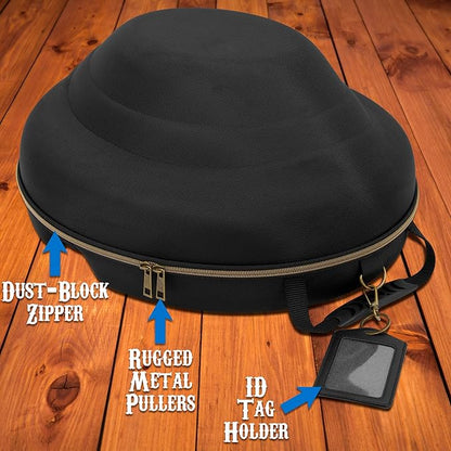 CASEMATIX Cowboy Hat Box and Portable Storage for Brims Up To 4.75'' - Hard Shell Case with Adjustable Carry Strap, Luggage ID Slot Foam Insert Dipping Brim Hats, Black, 18'' x 16'' x 8.3''