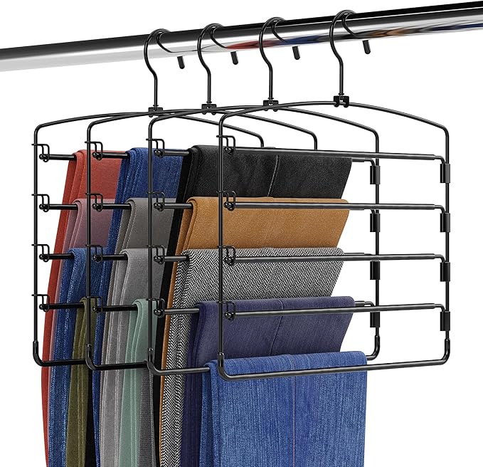 Fontaines Luxury 5 Tier Pants Hangers 4 Pack - Ultra Slim & Space Saving - Heavy Duty Metal Swivel Hook with Swing Arm for Clothing, Jeans, Slacks, Skirts, Leggings & Dress Pant Closet Organization