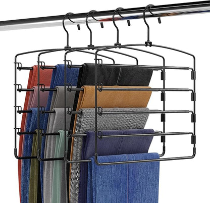 Fontaines Luxury 5 Tier Pants Hangers 4 Pack - Ultra Slim & Space Saving - Heavy Duty Metal Swivel Hook with Swing Arm for Clothing, Jeans, Slacks, Skirts, Leggings & Dress Pant Closet Organization