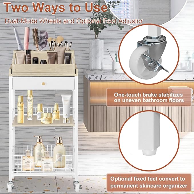 Makeup Organizer Cart with Removable Cosmetic Display Case, Large Makeup Cart with Drawer and 4 SS Tool Cups, 2-in-1 Vanity Organizer for Skincare Perfume Nail Polish Brush, White & Natural