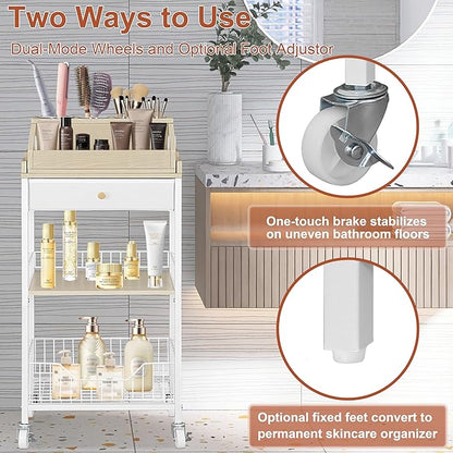 Makeup Organizer Cart with Removable Cosmetic Display Case, Large Makeup Cart with Drawer and 4 SS Tool Cups, 2-in-1 Vanity Organizer for Skincare Perfume Nail Polish Brush, White & Natural