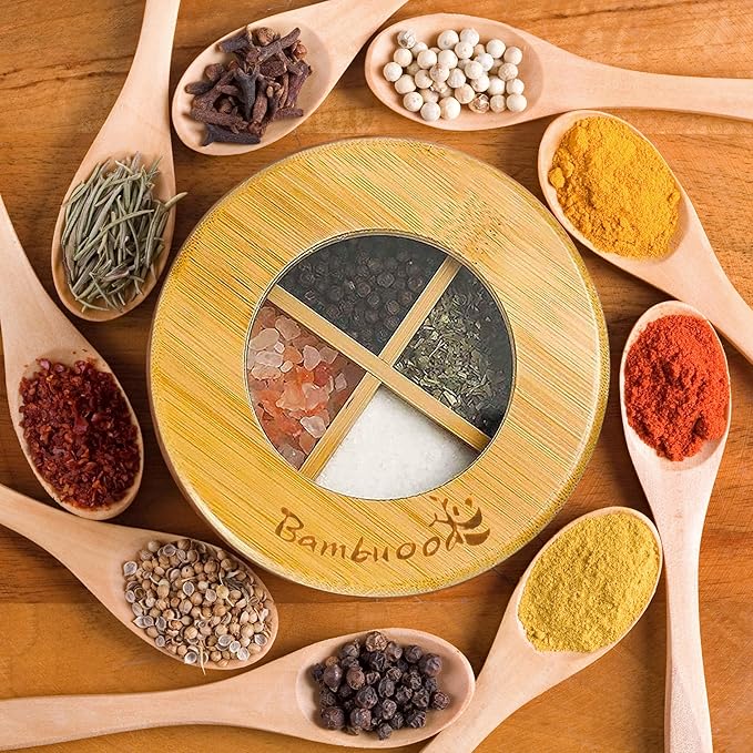 Premium 4 Compartments Salt & Spice Cellar with Spoon - Swivel Magnetic Lid for Convenient Seasoning Access - 100% Natural Bamboo - Elegant and Eco-Friendly Kitchen Accessory.