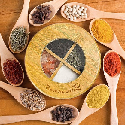 Premium 4 Compartments Salt & Spice Cellar with Spoon - Swivel Magnetic Lid for Convenient Seasoning Access - 100% Natural Bamboo - Elegant and Eco-Friendly Kitchen Accessory.