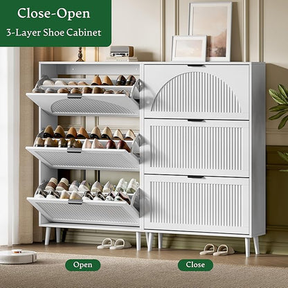 Xixini Shoe Storage Cabinet with 3 Flip Drawers, 50" Tall Narrow Wood Fluted Shoe Organizer for Entryway, Freestanding Wooden Hidden Slim Shoe Rack for Front Door Entrance, Hallway, Foyer, Solid White