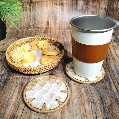 6" Mini Lazy Susan Turntable with 2 Rattan Coasters – Mother of Pearl Rotating Tray for Coffee Bar, Vanity, or Tabletop – Small Boho Decor for Condiments, Perfume & Jewelry Display