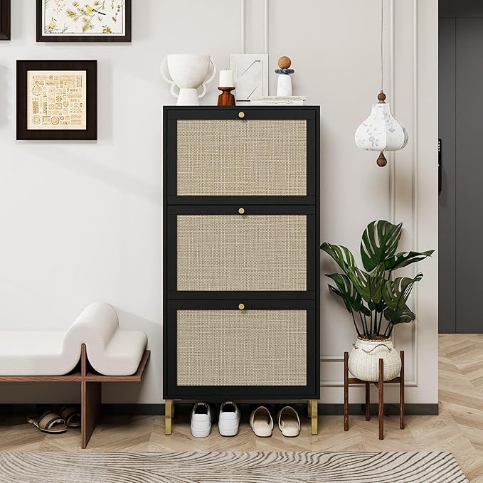 ZeHuoGe Rattan Shoe Cabinet with 3 Flip Drawers, Narrow Hidden Shoe Rack Storage Cabinet for Heels, Slippers, Entrance Hallway Entryway (Black)