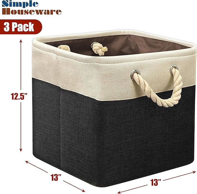 Simple Houseware 13" x 13" Large Fabric Storage Cubes for Closet and Cube Organizer, 3 Pack, Black