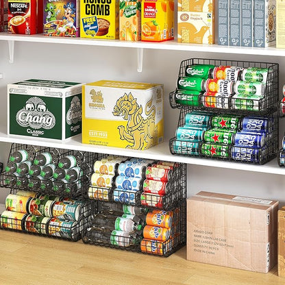 2-Tier Stackable Can Organizer for Pantry Shelves, 2 Pack Soda Can Organizer with 4 Adjustable Dividers, Kitchen Can Storage Organizer, Wire Drink Organizer, Metal Can Dispenser for Cabinets Shelf