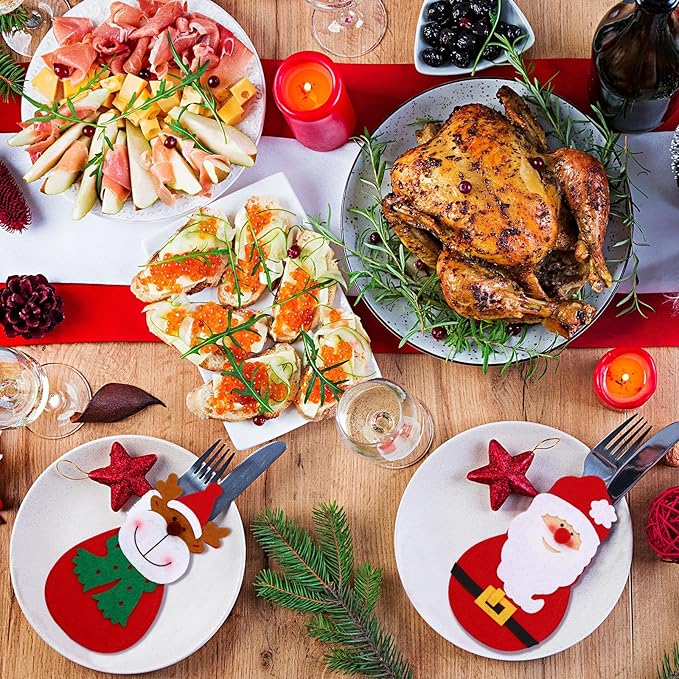 Gisafai 24 Pc Christmas Silverware Holder Pockets Santa Snowman Reindeer Tableware Bags - Cutlery Pouch Bags for Spoon Knife Fork - Xmas Party Dinner Table Dinnerware Supplies