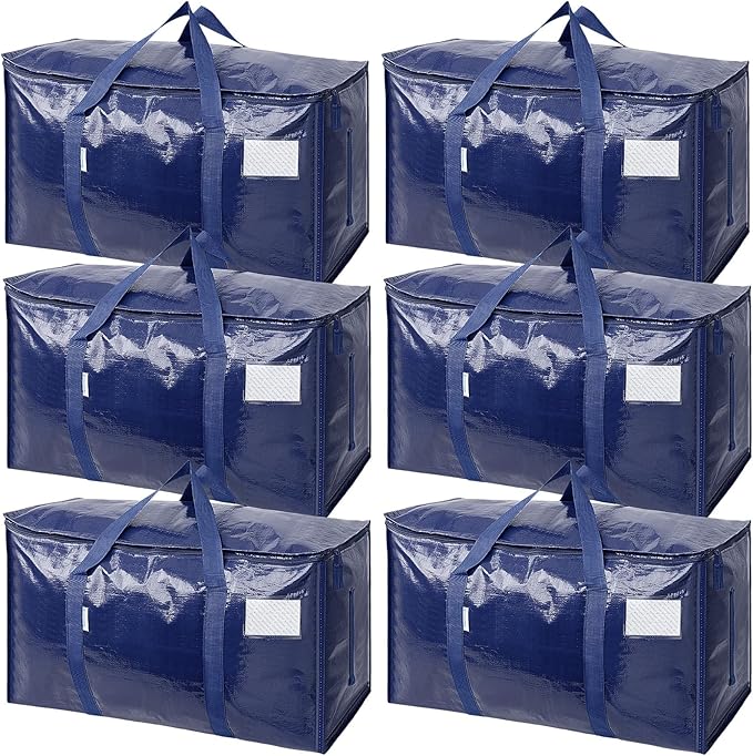 TICONN 6 Pack Extra Large Moving Bags Heavy Duty with Zippers & Carrying Handles, Durable Storage Bags Moving Boxes for Closet Organizers and Storage (6 Pack, Navy)