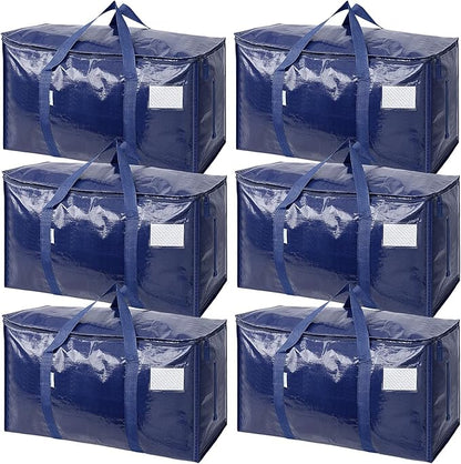 TICONN 6 Pack Extra Large Moving Bags Heavy Duty with Zippers & Carrying Handles, Durable Storage Bags Moving Boxes for Closet Organizers and Storage (6 Pack, Navy)