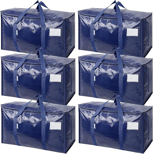 TICONN 6 Pack Extra Large Moving Bags Heavy Duty with Zippers & Carrying Handles, Durable Storage Bags Moving Boxes for Closet Organizers and Storage (6 Pack, Navy)