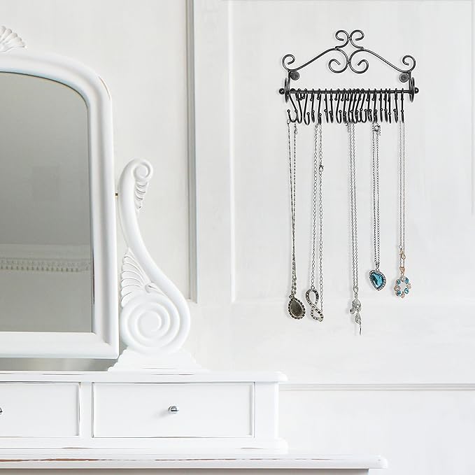 MyGift Necklace Holder Wall Mount, Set of 2 Jewelry Organizer - Black Metal Scrollwork Design Necklace Hanger Jewelry Display Storage Rack with 20 Hanging S-Hooks