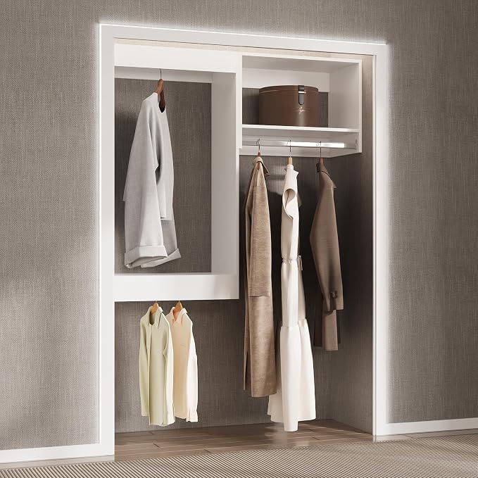 Modular Closet System, 49" Wide Closet Organizer System with Hanging, Wood Tower Closet Storage for Walk In Closets, Wall Mounted Wardrobe Organizer Kit System, Bedroom, White