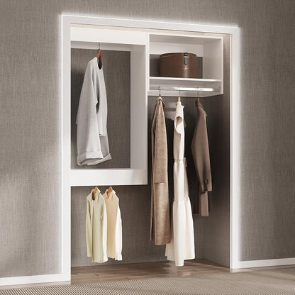 Modular Closet, 64" Wide Organizer with Hanging, Wood Tower Storage for Walk-in Closets, Wall-Mounted Wardrobe Organizer, White