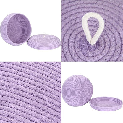 Sea Team Round Cotton Rope Storage Basket with Lid, Decorative Woven Storage Bin, Pot, Caddy, Organizer, Container for Snacks, Towels, Plants, 13 x 5.5 Inches (Large, Shallow, Lavender)