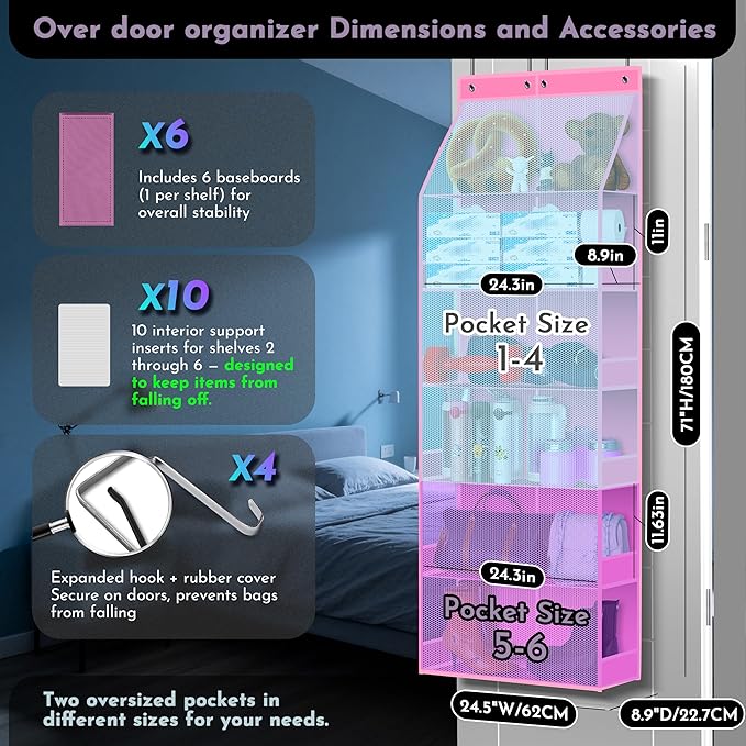 PAULONE 6-Tier Over Door Organizer 71" Tall – Hanging Storage with 2 Sizes of Large Deep Pockets (24.3" W x 8.9" D), 98 lbs Capacity, for Bedroom Closet, Bathroom, Nursery & Kitchen