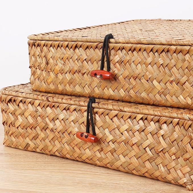 Moosky Flat Wicker Shelf Baskets with Lid, Seagrass Woven Basket Boxes for Storage Basket Bins Multipurpose Home Decor Organizer (Natural Small)