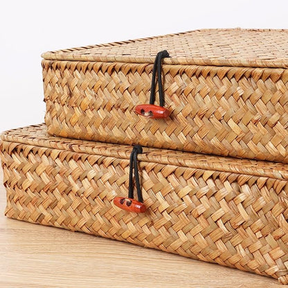 Moosky Flat Wicker Shelf Baskets with Lid, Seagrass Woven Basket Boxes for Storage Basket Bins Multipurpose Home Decor Organizer (Natural Small)