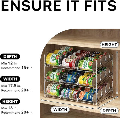 Simple Houseware Stackable Can Organizer Rack for Pantry/Cabinet – 11.5" D x 17" W x 13.75" H, Holds 36 Cans, 3-Tier Can Food Storage Dispenser, Chrome