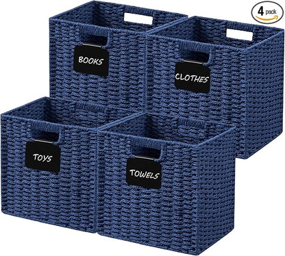 UBBCARE 4 Pack Wicker Basket, 10.5×10.5 Storage Cubes with Label, Foldable Cube Storage Bin with Handle, Square Storage Basket for Shelves, Woven Paper Rope Basket for Organizing, Blue
