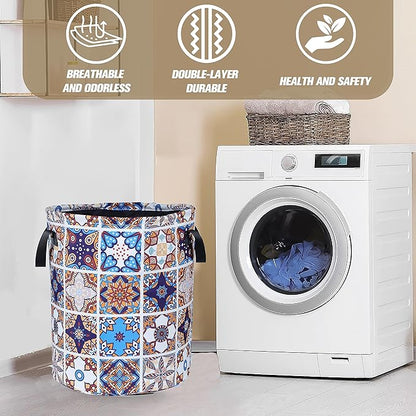Mexican Tiles Pattern Laundry Basket Mandala Flowers Foldable Oxford Cloth Funny Tote Bag Laundry Hamper Clothes Storage Bucket Toy Organizer For Bathroom/Laundry Storage/Bedroom 17.7x13.7