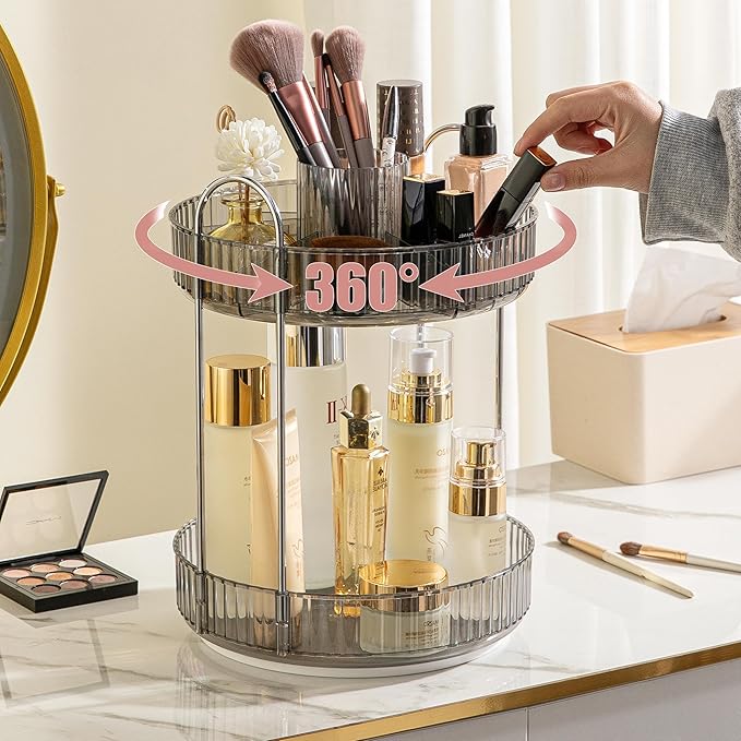 YCIA&DONE Rotating Makeup Organizer for Vanity, Large Capacity Make Up Storage Skin care Shelf Perfume Holders Cosmetic Dresser Organizer Countertop Spinning 360 (Smoky Gray, 2Tiers)