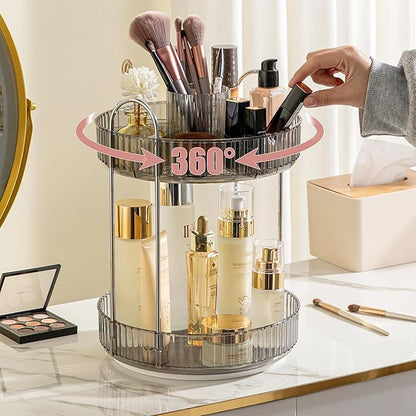 YCIA&DONE Rotating Makeup Organizer for Vanity, Large Capacity Make Up Storage Skin care Shelf Perfume Holders Cosmetic Dresser Organizer Countertop Spinning 360 (Smoky Gray, 2Tiers)
