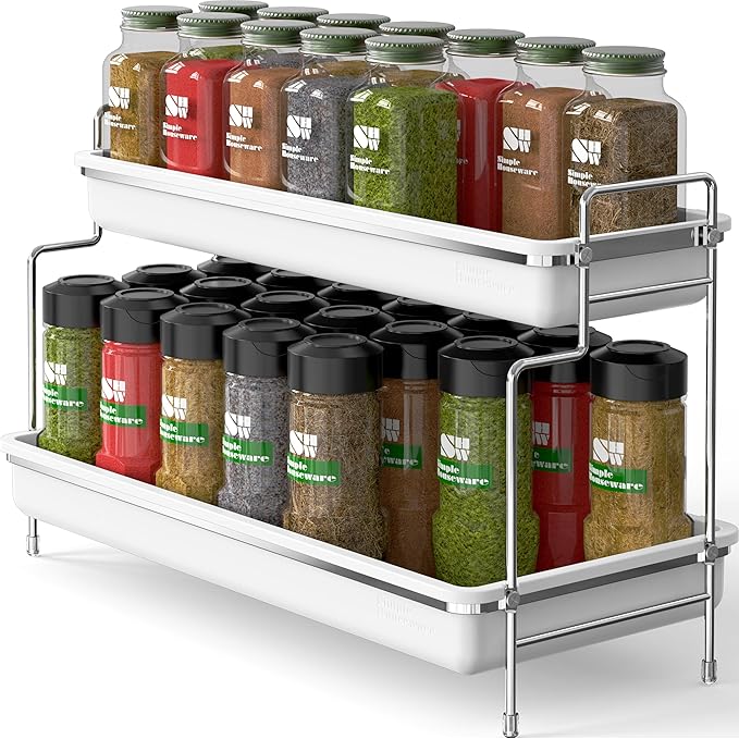 Simple Houseware 2-Tier Spice Rack Kitchen Bathroom Organizer Countertop Shelf, White