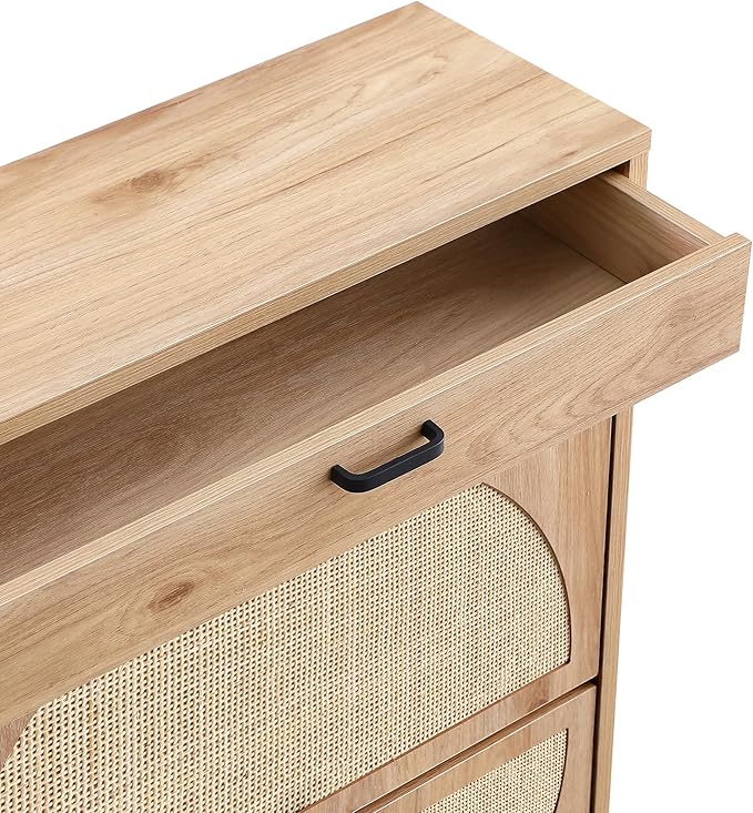 XIAO WEI Shoe Cabinet, Natural Semi Circle Rattan Shoe Storage Organizer Cabinet with 2 Flip Drawers, Freestanding Shoe Rack with Adjustable Shelf for Entryway (Large Size)
