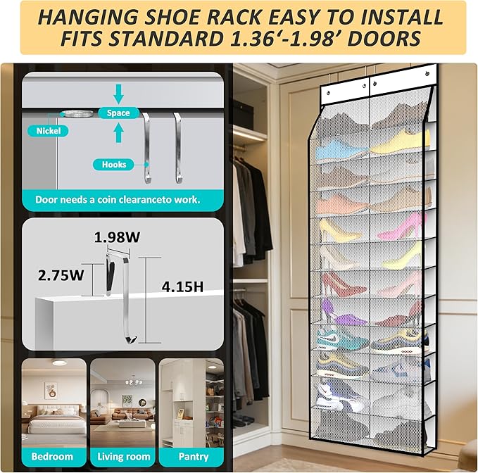 Kotkn 24-Pair Over Door Shoe Organizer for Family & Kids, Double Sided | Hanging Storage for Sneakers, Boots, Toys & Room Organization-Pearl White