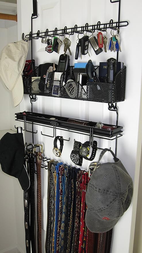 Over The Door/Wall Hanging Men's Tie and Belt Rack Organizer Valet Patented in Black 43 Hooks for Men’s Organization