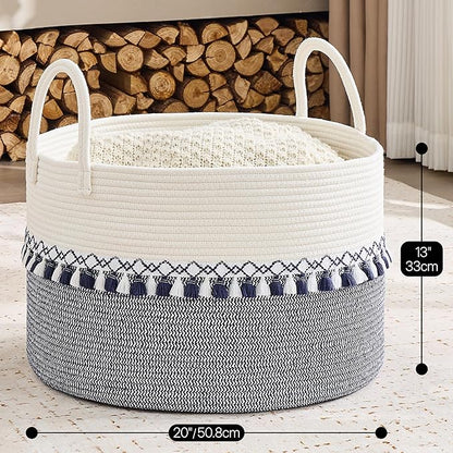 KAKAMAY Cotton Rope Storage Basket (20"x13"),Woven Hamper for Blankets,Toys,Pillows,Clothes,Laundry,Sturdy Handles Decorative Basket for Living Room, Bedroom,Nursery(Blue Printing)
