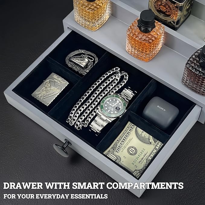 Wooden Cologne Organizer for Men 4 Tier | Dove Grey Perfume Holder Shelf for Dresser | High Grade Velvet Lining and Stylish Gift Box | Uncluttered Design Perfume Display Stand