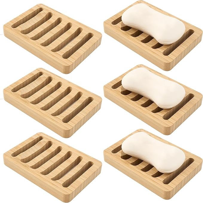 Soap Dish for Shower, 6 Pack Natural Bamboo Bar Soap Holder, Anti-Slip Design for Peace of Mind, Natural and Healthy