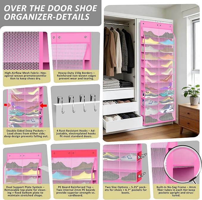 Kotkn 24-Pair Over Door Shoe Organizer for Family & Kids, Double Sided | Hanging Storage for Sneakers, Boots, Toys & Room OrganizationRose Quartz