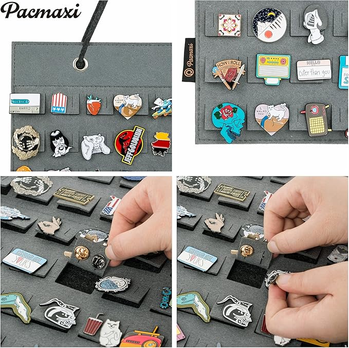 PACMAXI Hanging Brooch Pin Organizer, Display Pins Storage Case, Brooch Collection Storage Holder, Holds Up to 96 Pins.(Not Include Any Accessories) (S-96 Slots, Grey, Small)