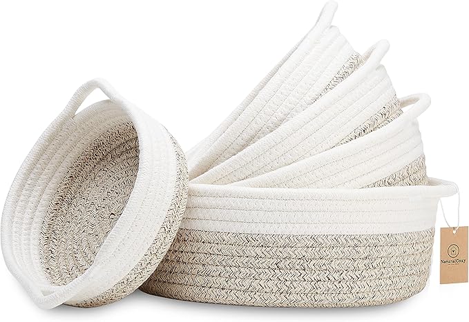 NaturalCozy 5-Piece Round Small Woven Baskets Set– Cotton Rope Baskets for Organizing! Montessori Toys, Fruits Remotes Key Tray Bowl for Entryway Desk, Shallow Catchall Home Décor, Cat Dog Bin Gift