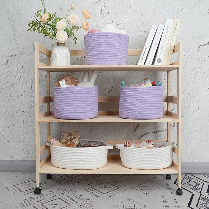 XUANGUO Small round Storage Basket - 3-Pack Round Cube Bins (10x10x7'') for Shelves, Closets & Bookcases | Durable Rope Organizers for Nursery, Baby, Toys, Easter & More (purple)