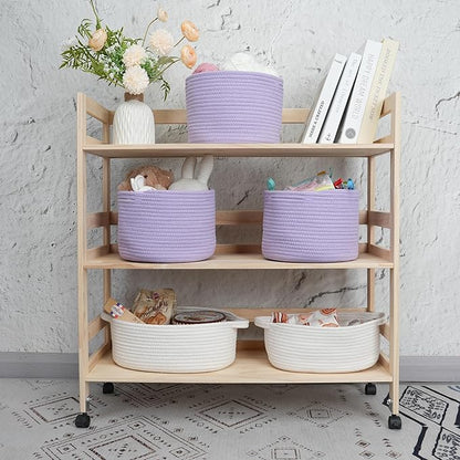 XUANGUO Small round Storage Basket - 3-Pack Round Cube Bins (10x10x7'') for Shelves, Closets & Bookcases | Durable Rope Organizers for Nursery, Baby, Toys, Easter & More (purple)