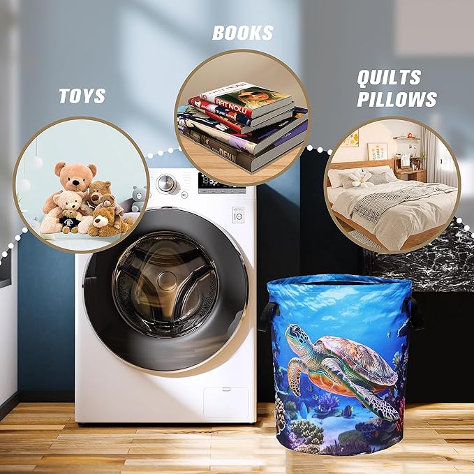 Sea Turtle Laundry Basket Animal Foldable Oxford Cloth Funny Tote Bag Laundry Hamper Clothes Storage Bucket Organizer For Bathroom/Laundry Storage/Bedroom 17.7x13.7 Inch