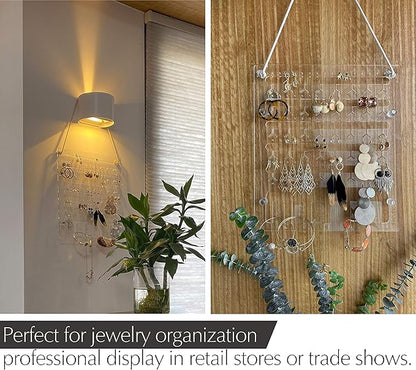 Earring Holder for Wall Hanging Jewelry Organizer Display Acrylic Hanger Rack with 96 Holes, 6 Hooks for Necklaces, Bracelets (Accessories are not included)