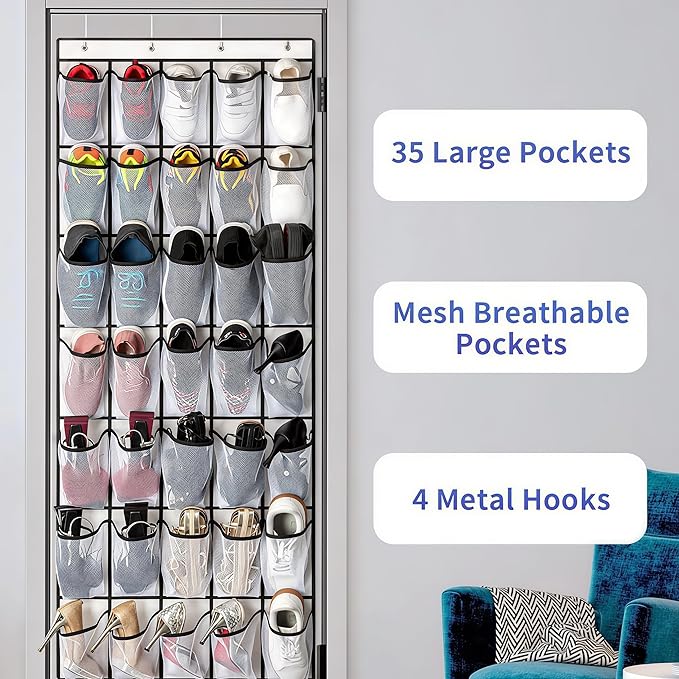 SAVERHO 35 Pockets Over the Door Shoe Organizer, Hanging Shoe Organizer for Door with 35 Mesh Pockets Large Capacity Shoe Hanging Storage Bag with 4 Metal Hooks (White-1Pack)