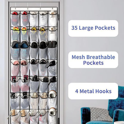 SAVERHO 35 Pockets Over the Door Shoe Organizer, Hanging Shoe Organizer for Door with 35 Mesh Pockets Large Capacity Shoe Hanging Storage Bag with 4 Metal Hooks (White-1Pack)